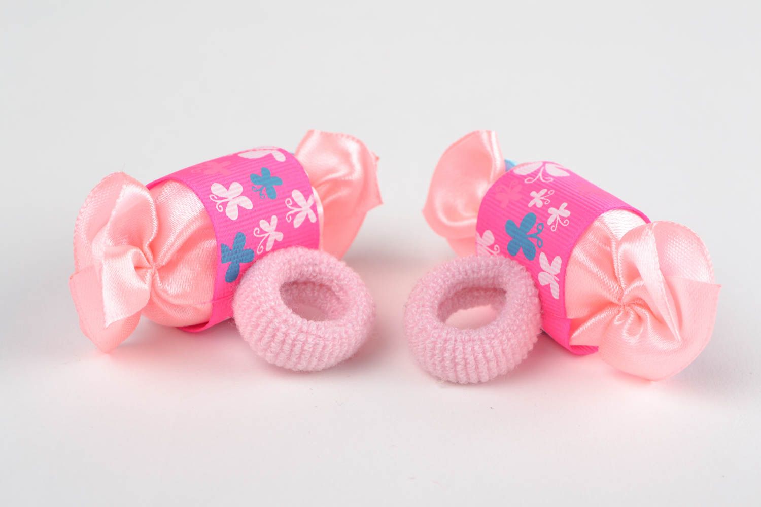 Élastiques à cheveux bonbons roses en satin faits main set de 2 bijoux fillette photo 4