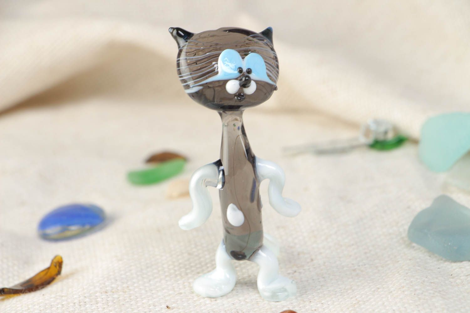 Handmade collectible miniature lampwork glass animal figurine of gray kitten photo 1