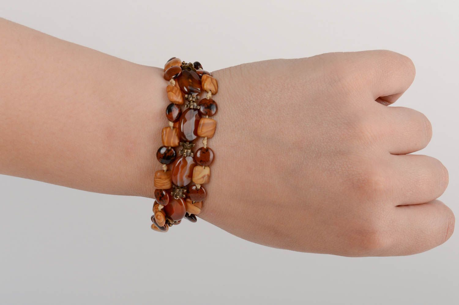 Handmade designer brown wrist bracelet with natural jasper and agate stones photo 5