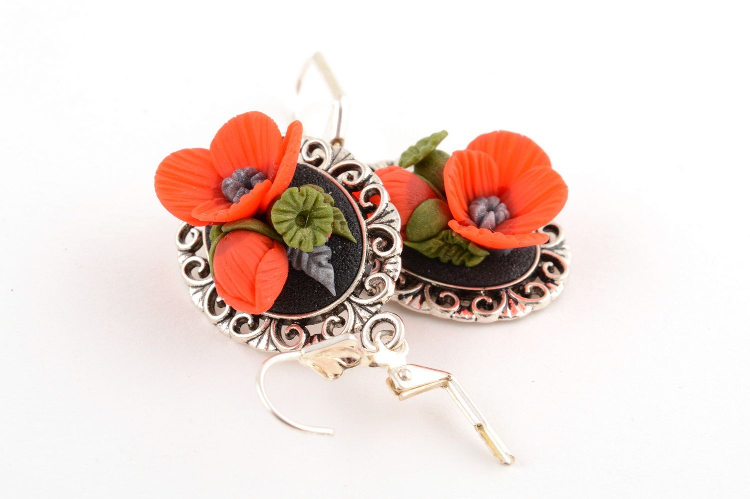 Mohnblumen Ohrringe aus Polymer Ton mit Anhängern in Rot handmade Geschenk  foto 4