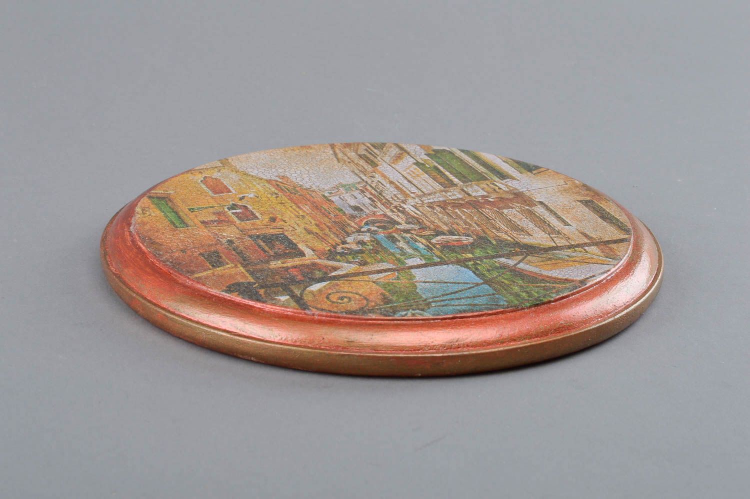 Панно в технике декупаж деревянное круглое настенное ручной работы Венеция фото 1