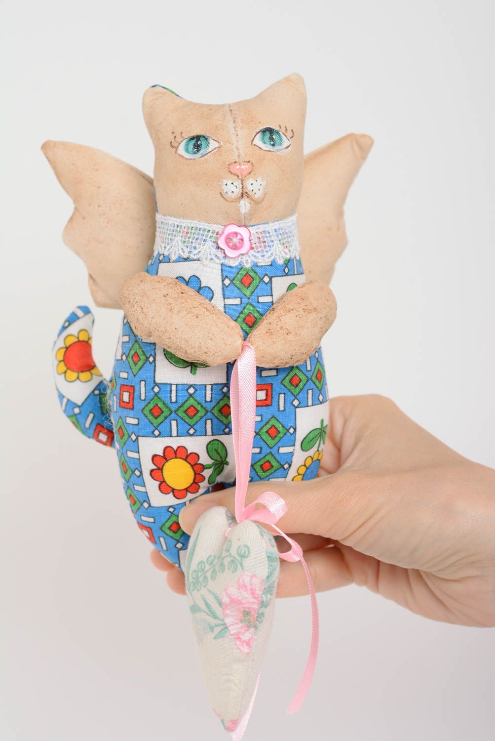 Handmade cotton fabric soft toy painted with acrylics Cat with Heart photo 5
