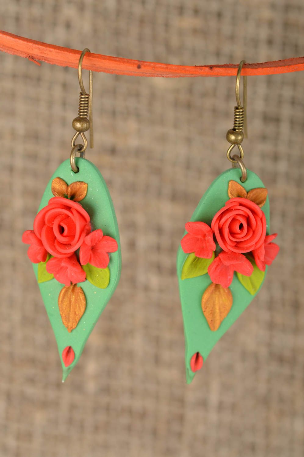 Unusual bright stylish handmade earrings made of polymer clay and metal photo 1