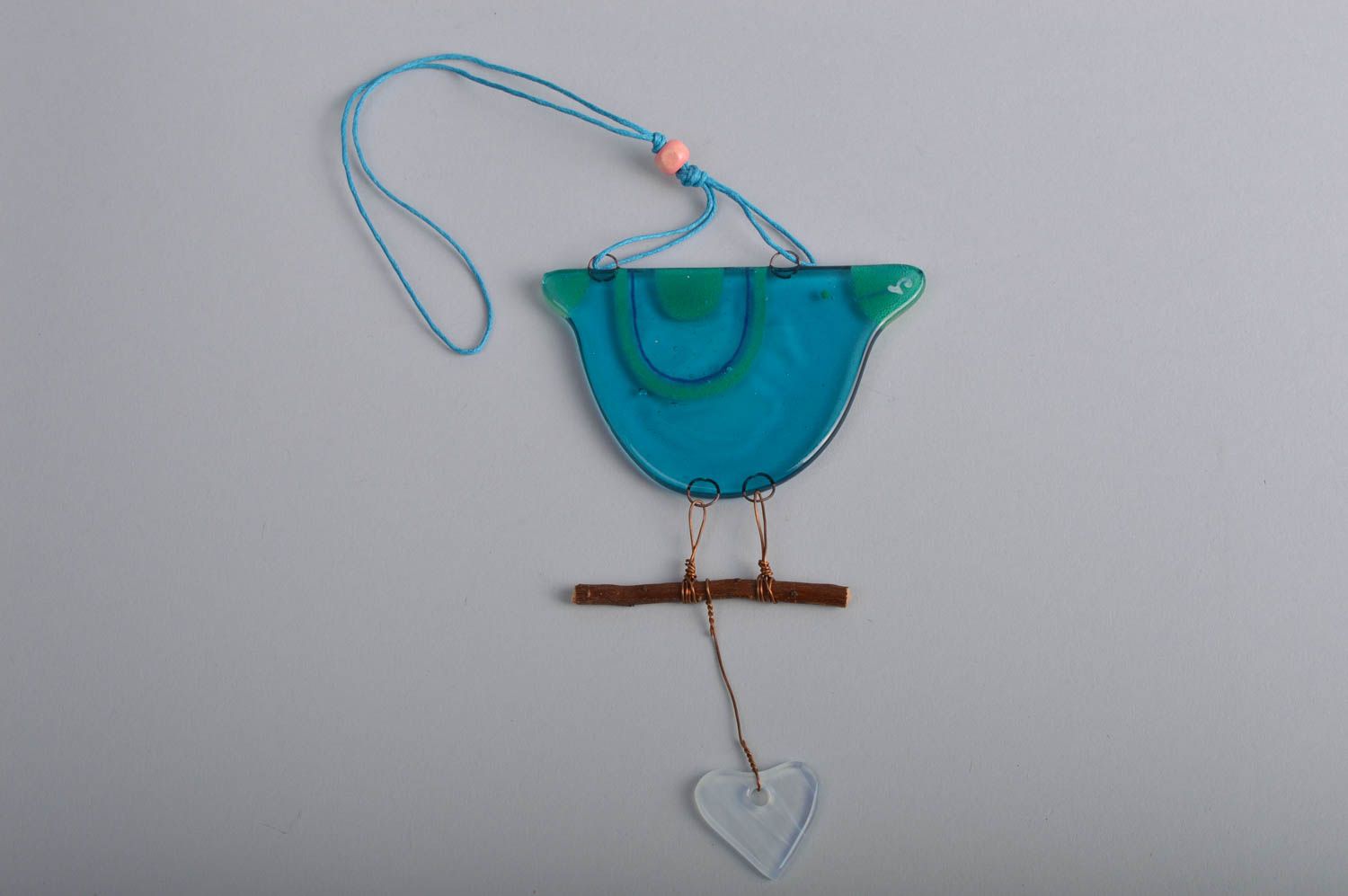 Handmade designer decorative wall hanging in the shape of blue bird on branch photo 4