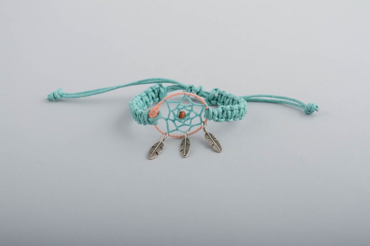 Handmade macrme woven waxed cord blue wrist bracelet with dreamcatcher amulet photo 1