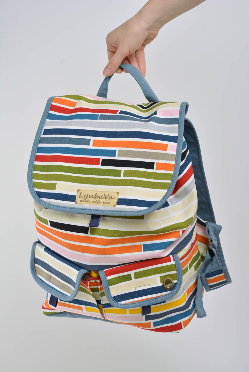 Unusual beautiful handmade fabric women's backpack colorful striped photo 5