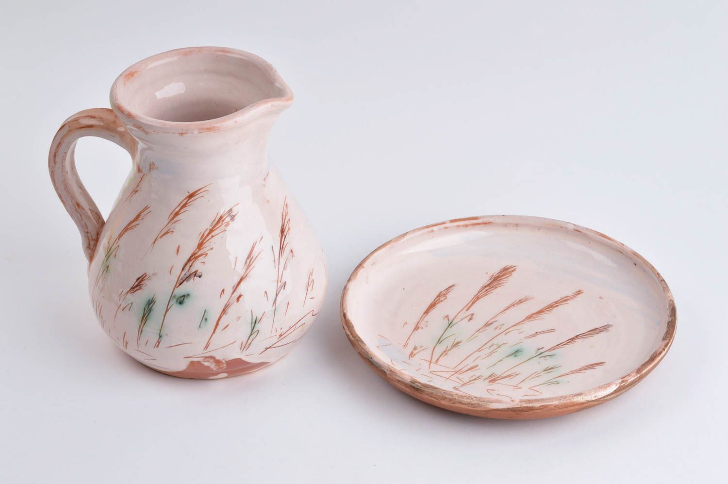 Керамический кувшин ручной работы глиняная посуда керамическое блюдце набор фото 2