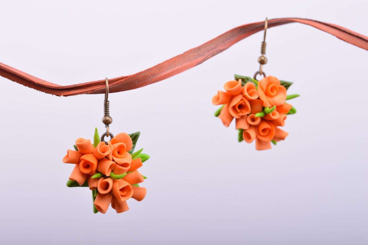 Unusual festive handmade polymer clay flower earrings of orange color photo 4