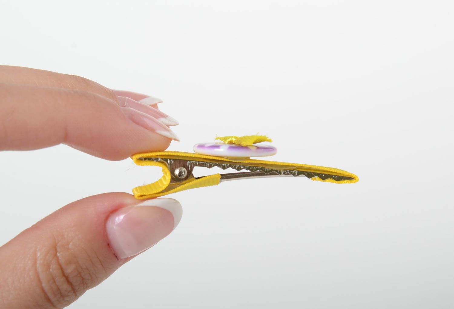 Yellow handmade designer children's soft textile hair clip with button photo 5