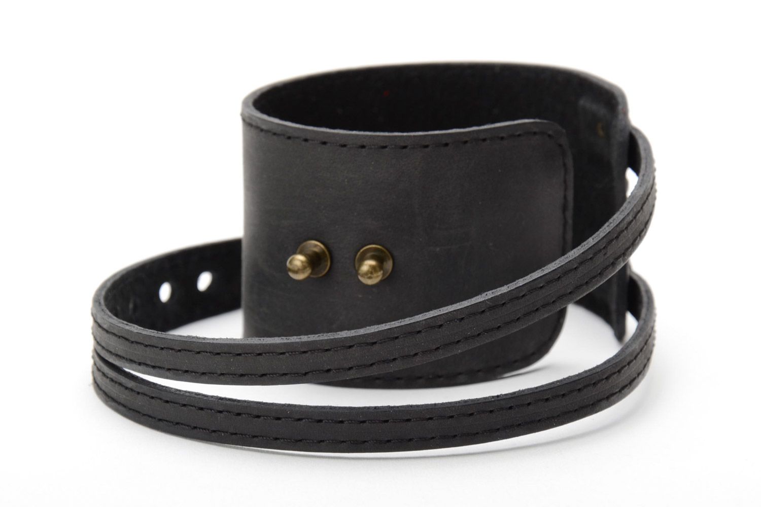 Stylish handmade black genuine leather wide bracelet wristband unisex photo 6