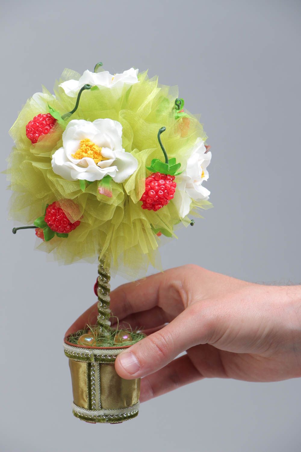 Petit topiaire artificiel en organza avec fleurs vert décoratif fait main photo 5