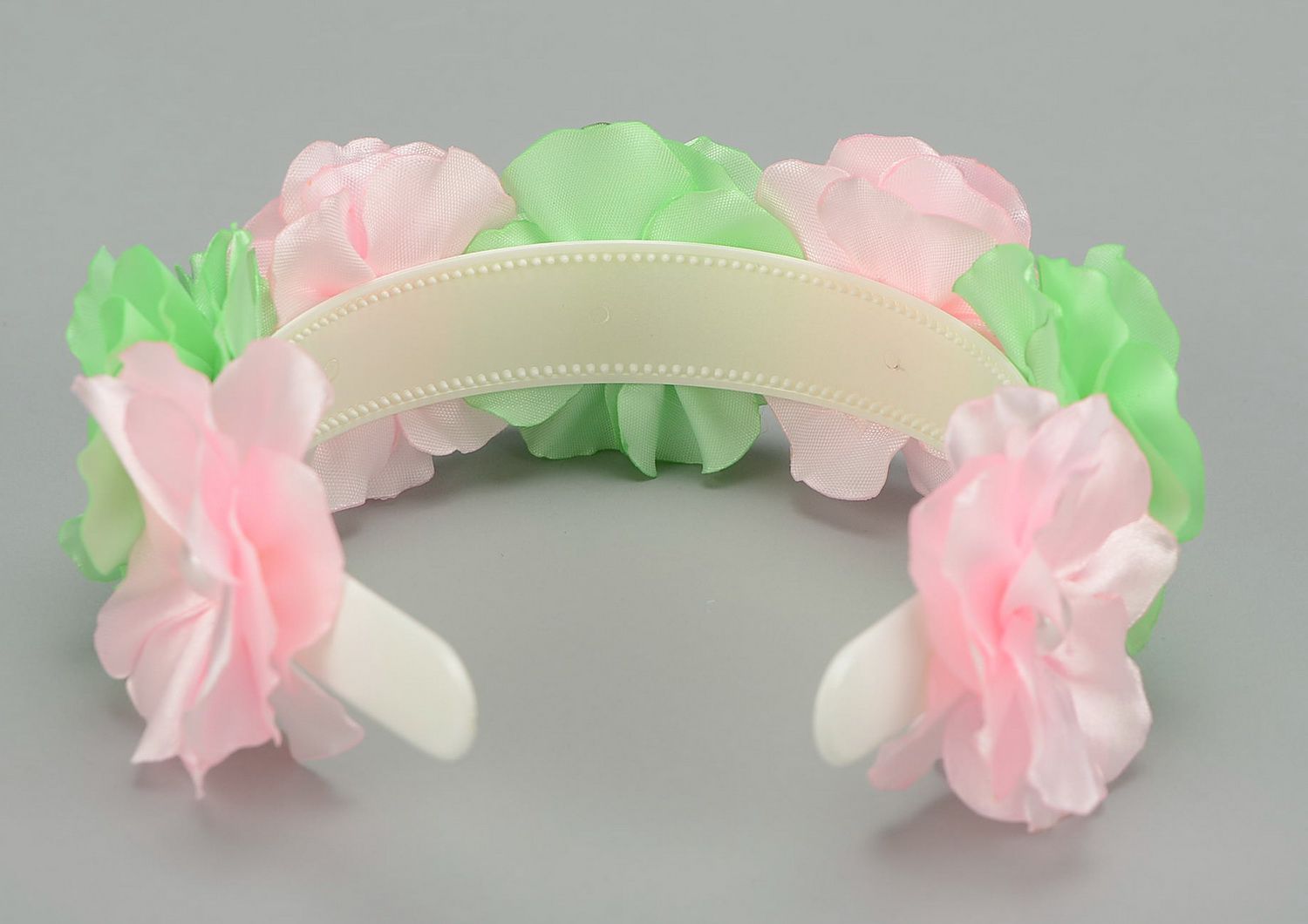 Headband, head wreath with satin flowers Lime with pink photo 1