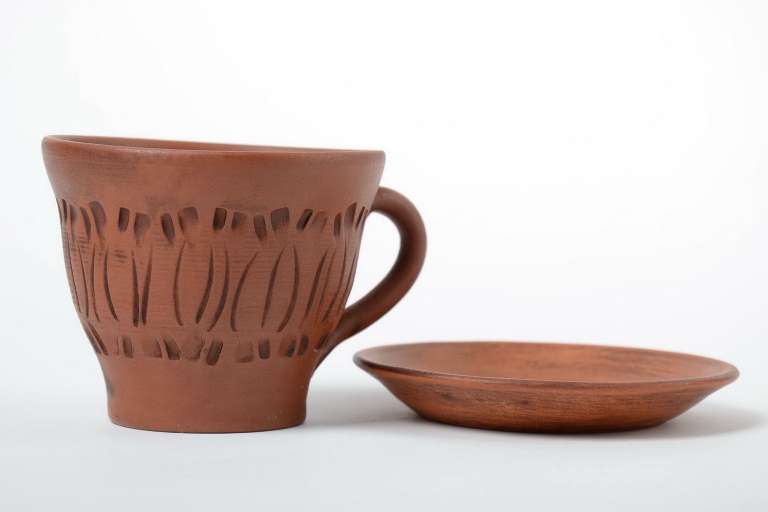 12 oz clay coffee cup in terracotta color with handle and saucer photo 4