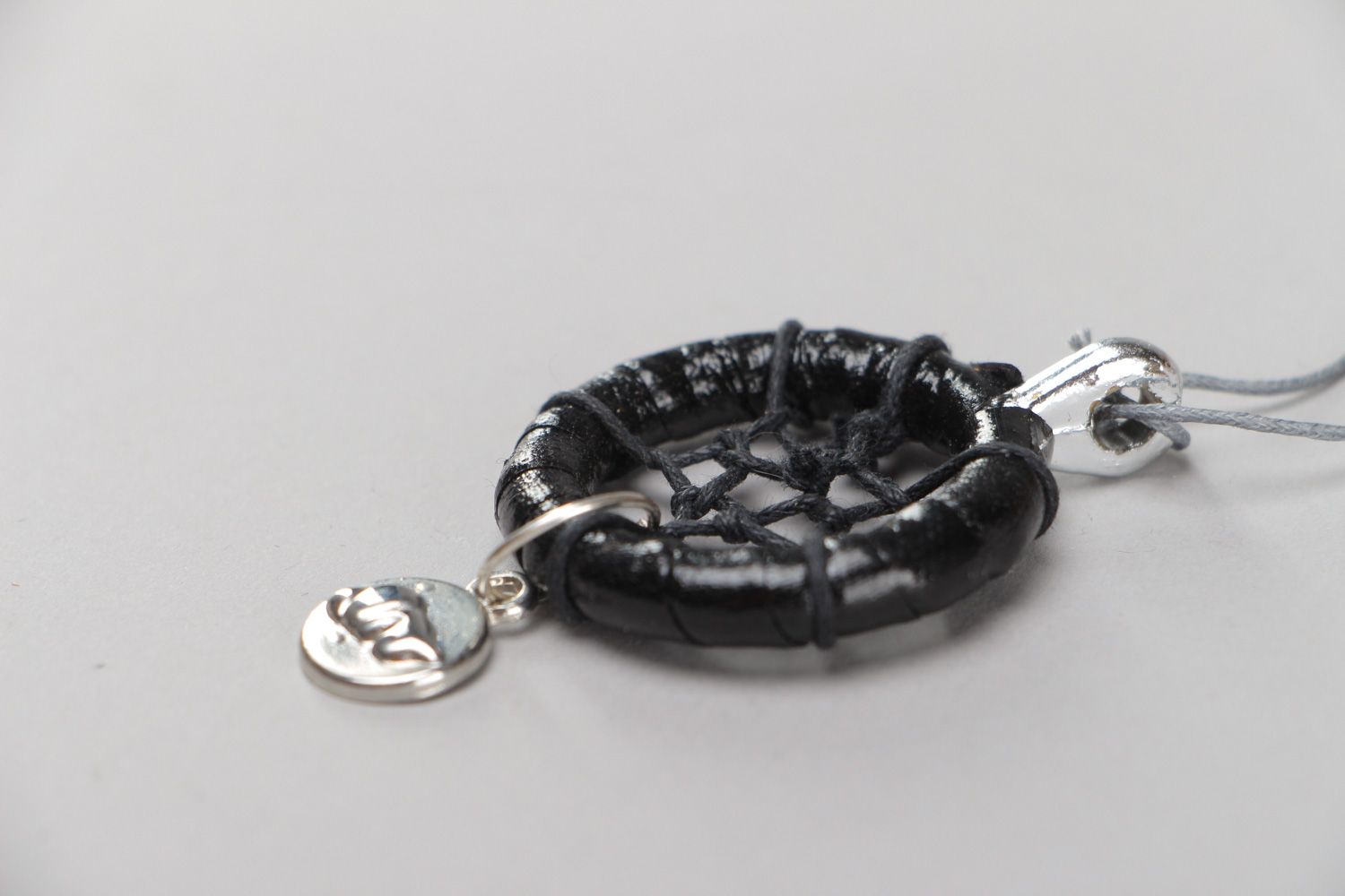 Handmade dreamcatcher amulet pendant necklace woven of black cords for women photo 3