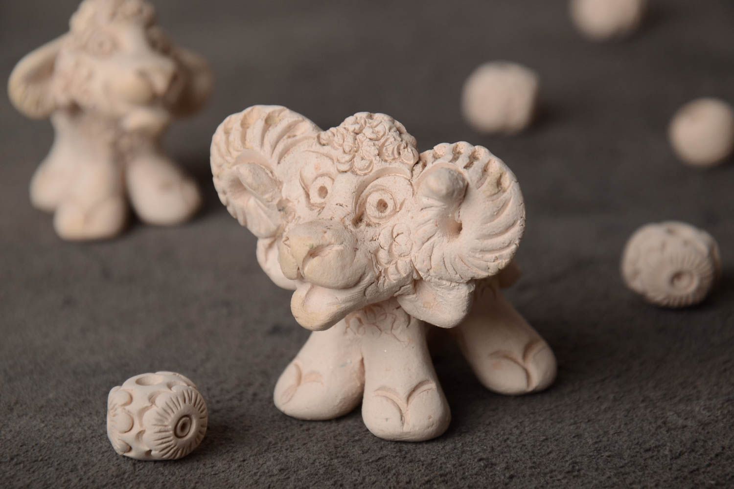 Unusual miniature handmade clay statuette of white lamb photo 1