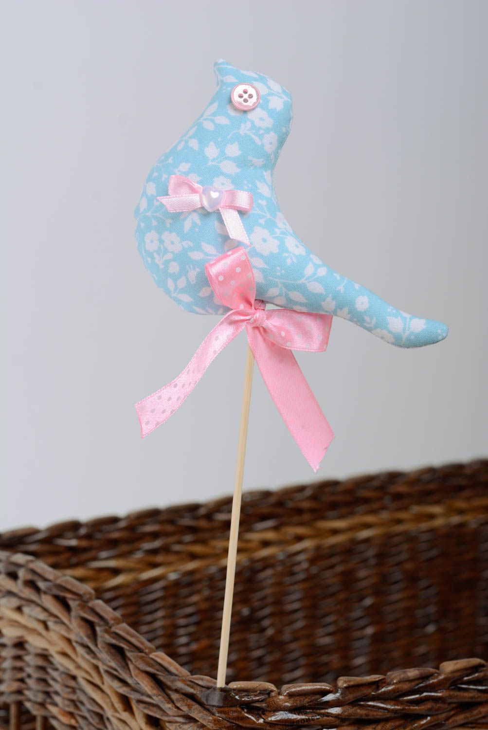 Toy on stick for flower pots decoration blue bird with a pink bow hand made photo 1