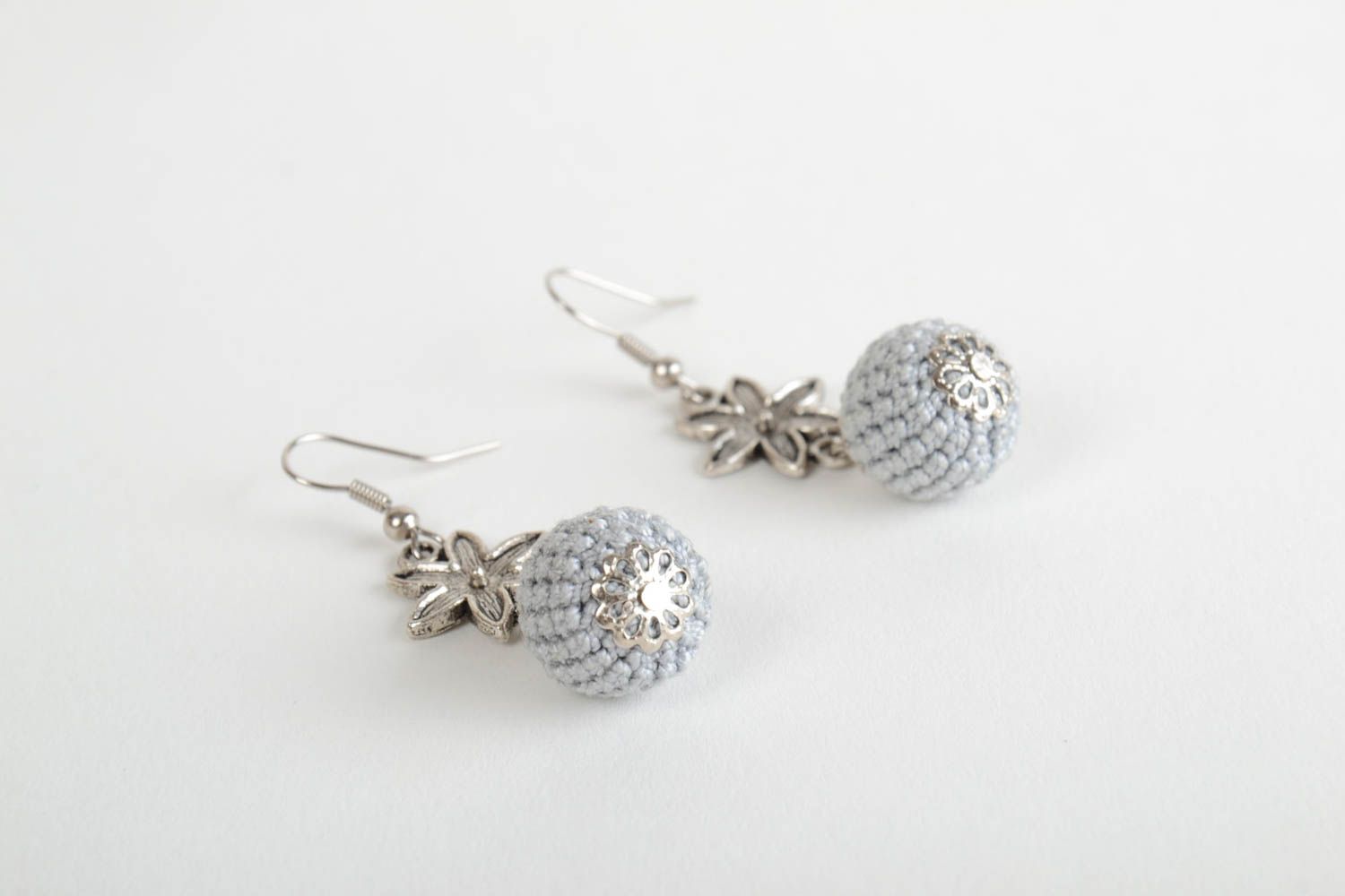 Handmade long designer bead earrings crocheted over with threads photo 5