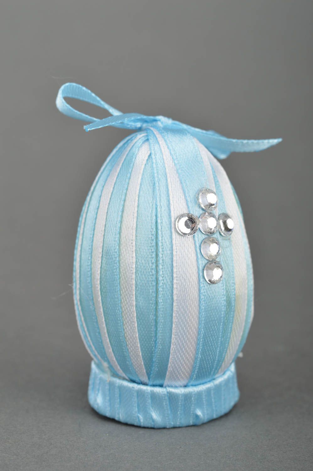 Handmade cute blue plastic Easter egg decorated with ribbons and strasses photo 2