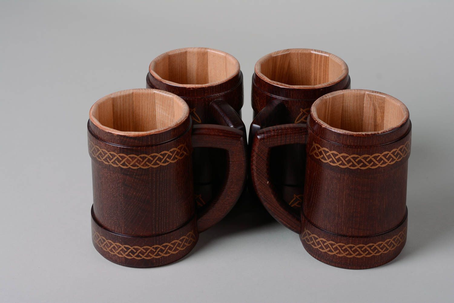 Handmade decorative varnished carved wooden beer mugs 4 items photo 5
