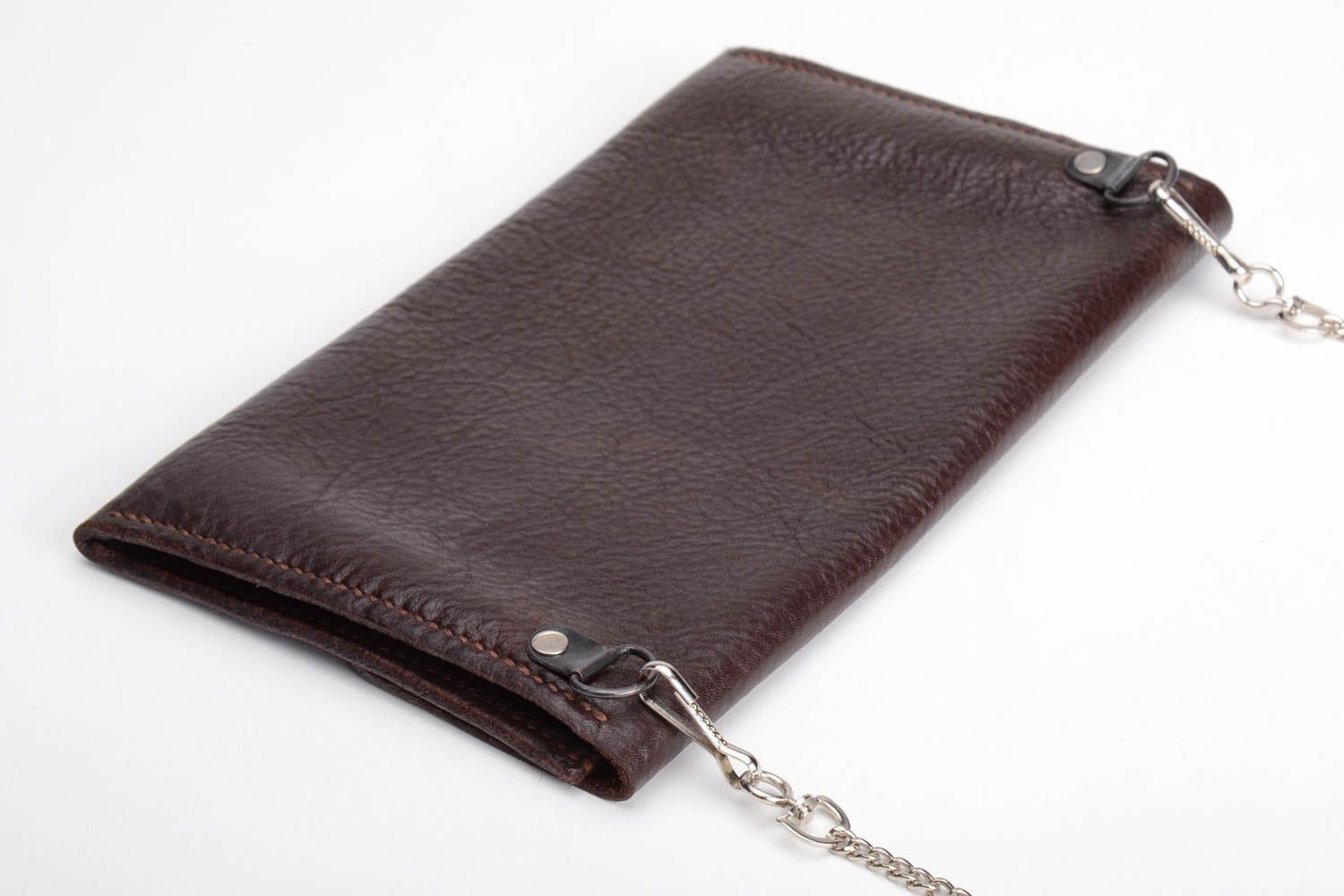 Beautiful brown handmade genuine leather clutch bag with chain designer photo 4