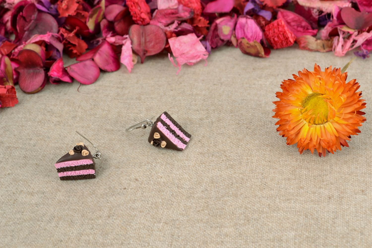 Polymer clay earrings in the shape of cake pieces photo 1