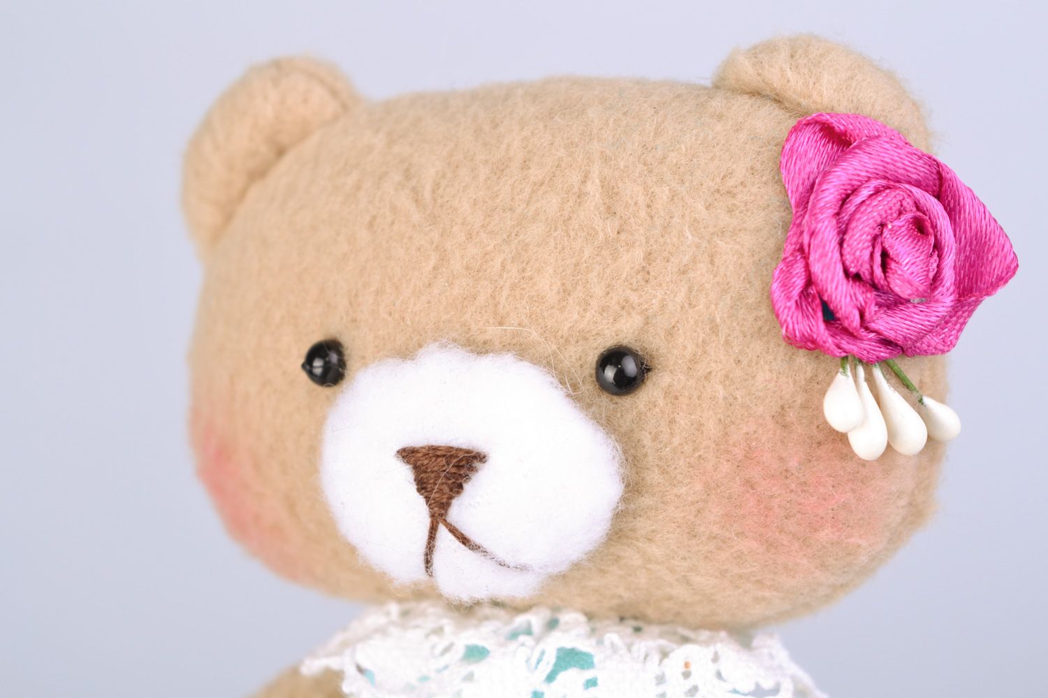 Handmade small designer fabric soft toy bear girl with pink flower photo 3