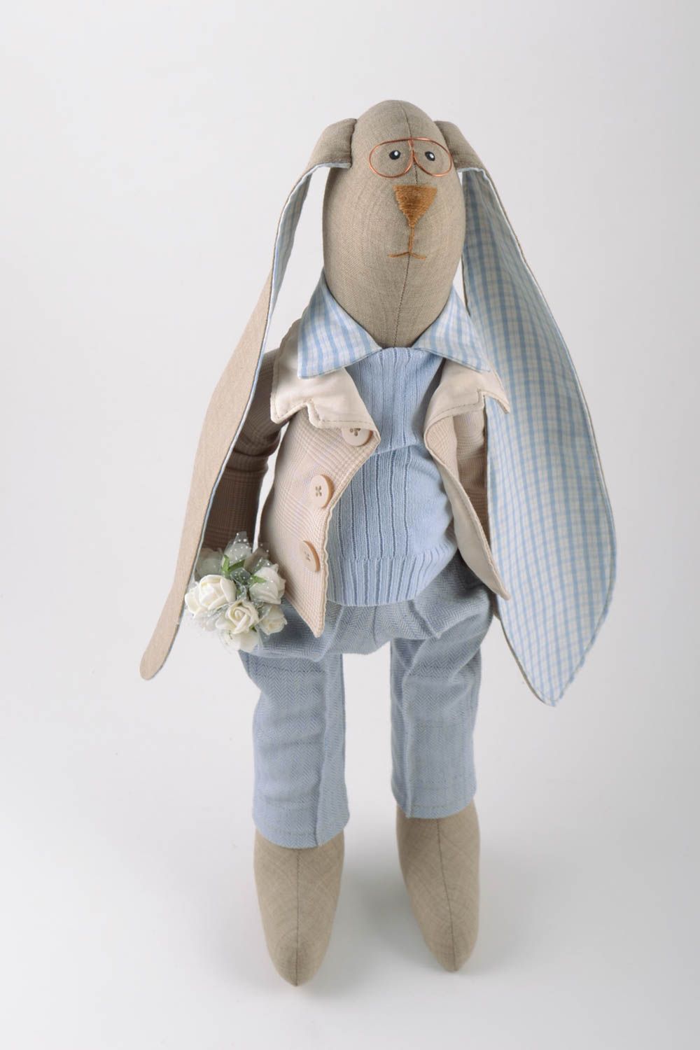 Handmade linen fabric soft toy rabbit gentleman in suit with flower bouquet photo 5