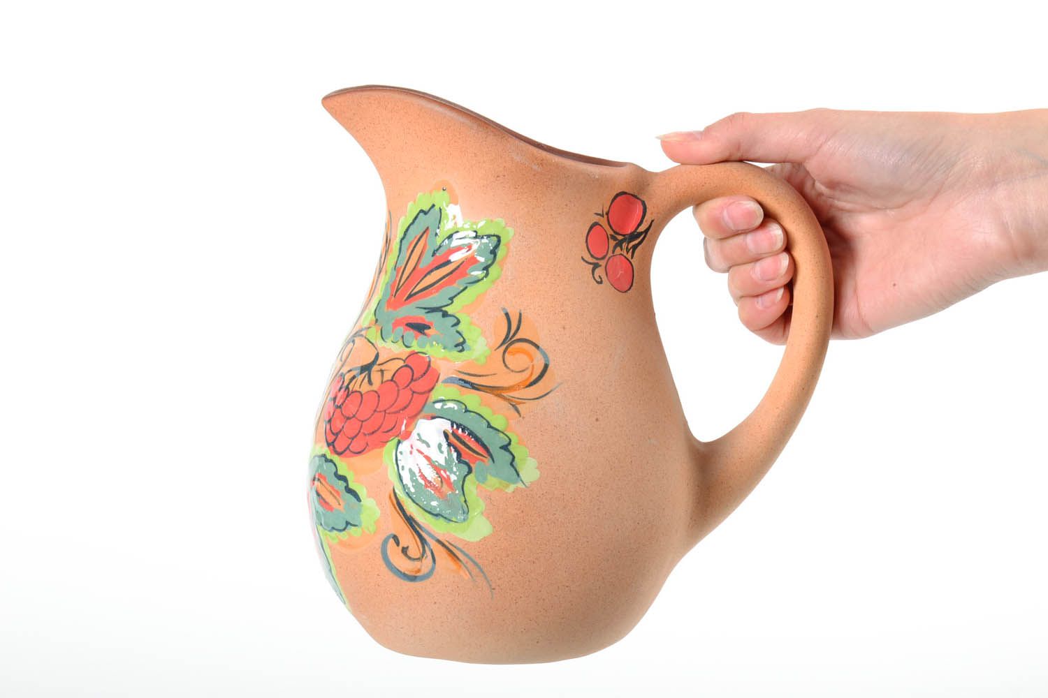 60 oz handmade lead-free clay pitcher with handle and hand-painted floral ornament 2,2 lb photo 2