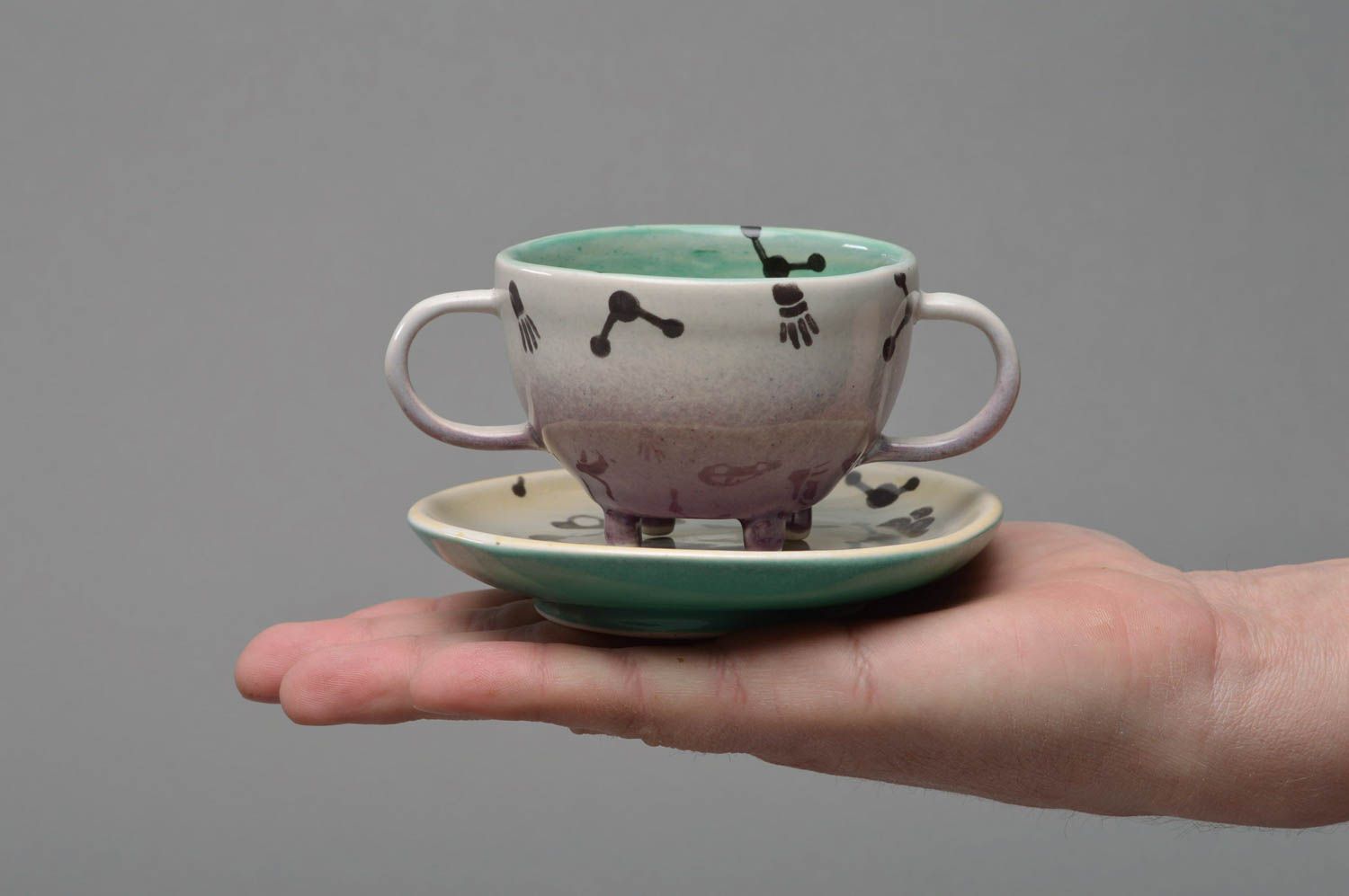 Unique glazed ceramic cup with handle and saucer for a boy photo 4