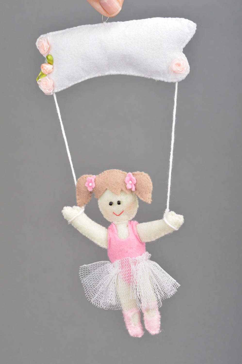 Handmade soft fabric pendant for baby cot made of felt in form of ballerina photo 2