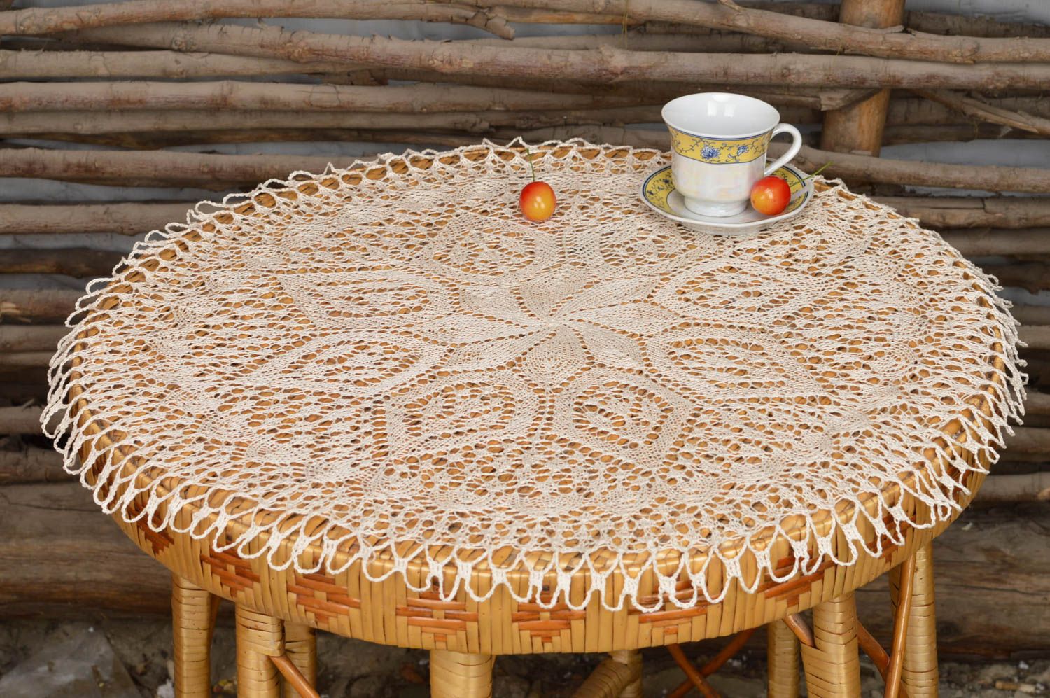 Big white designer round napkin made of cotton threads crocheted manually photo 1