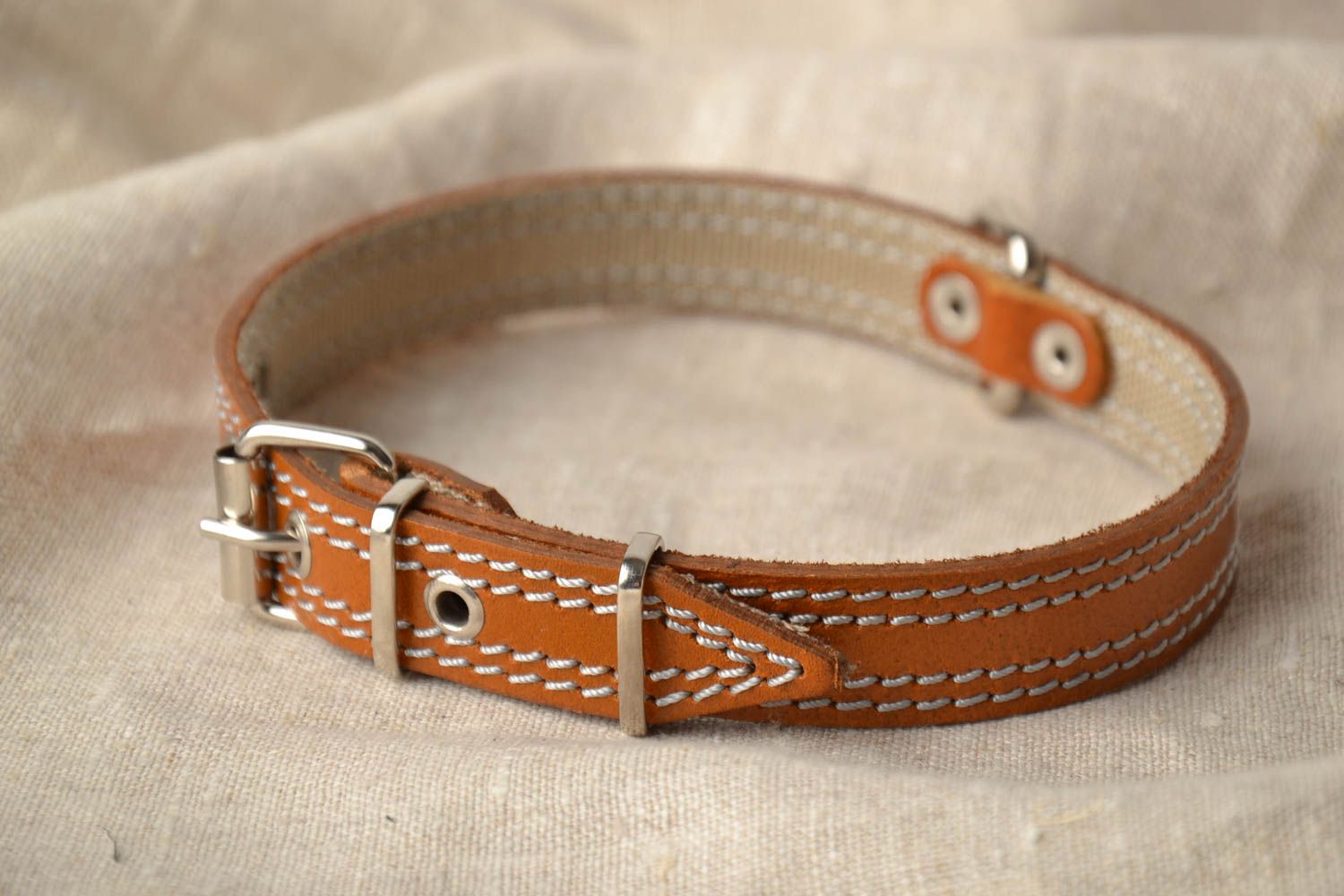 Brown dog collar with handmade sewing photo 1