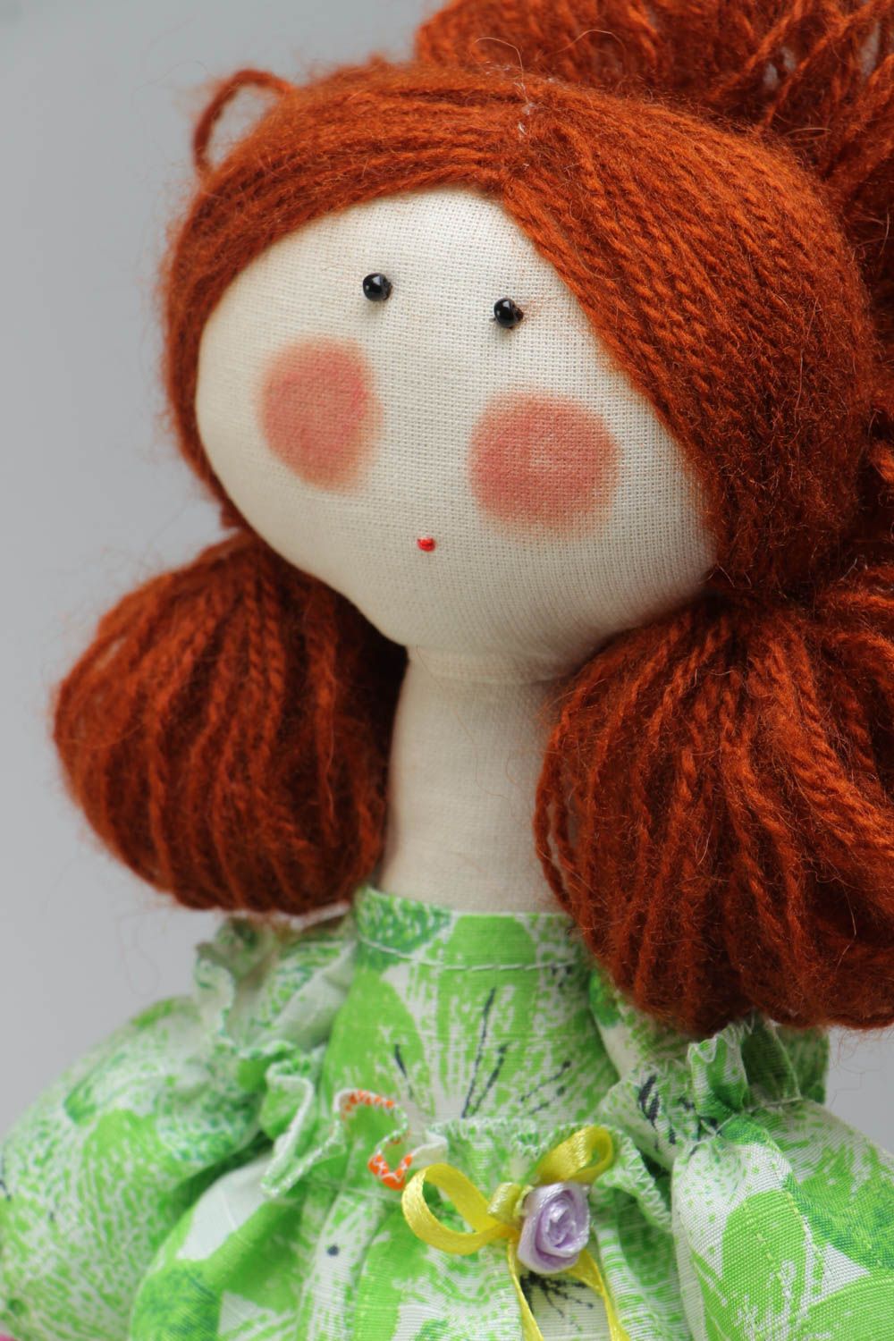Handmade cute small soft toy in green dress with basket Girl with Ginger Hair photo 3