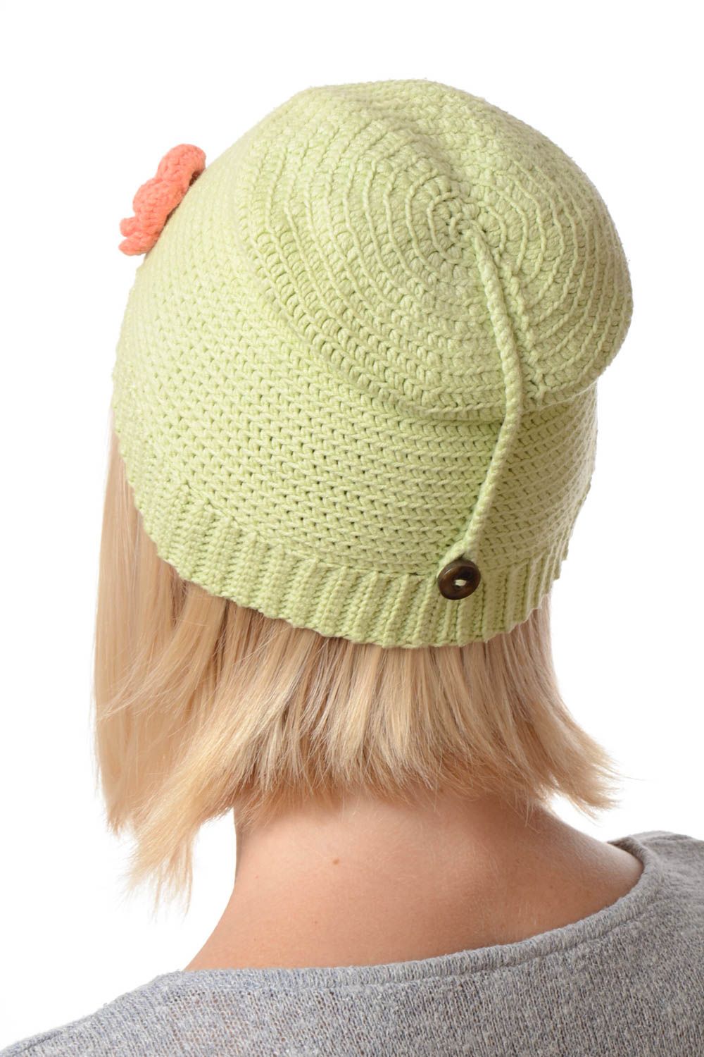 Bonnet tricot fait main Chapeau au crochet vert en laine Vêtement femme design photo 2