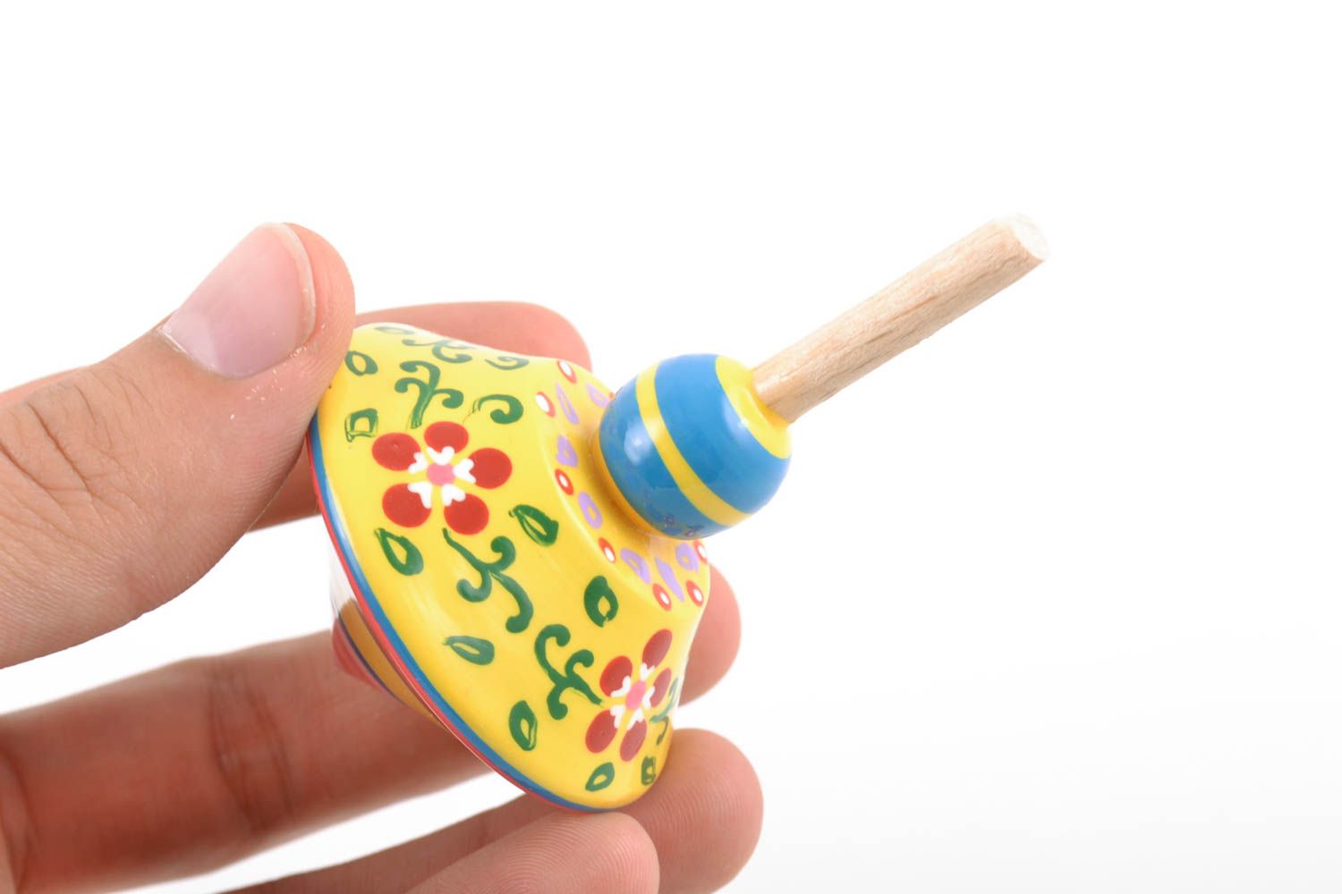 Wooden yellow handmade spinning top toy painted with eco dyes for children  photo 2