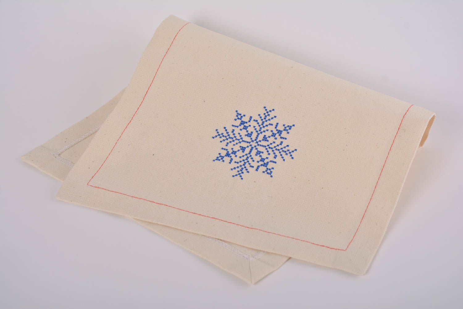 Handmade embroidered napkin made of semi linen for table layout Snowflake photo 1