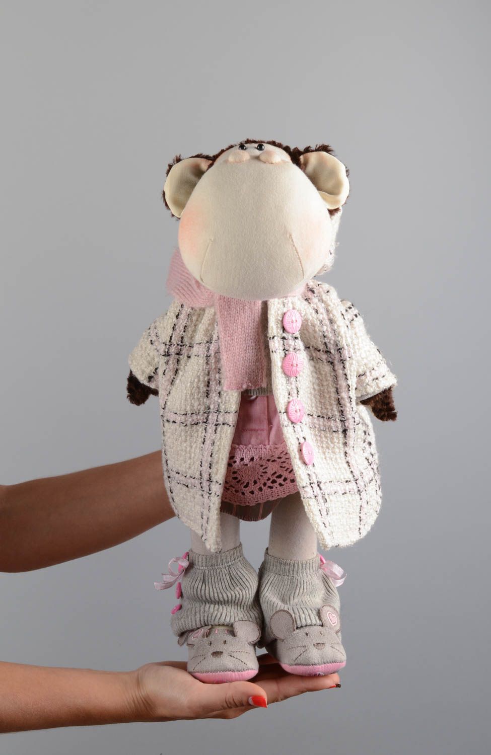 Handmade designer soft toy sewn of linen fabric stylish monkey in coat photo 5