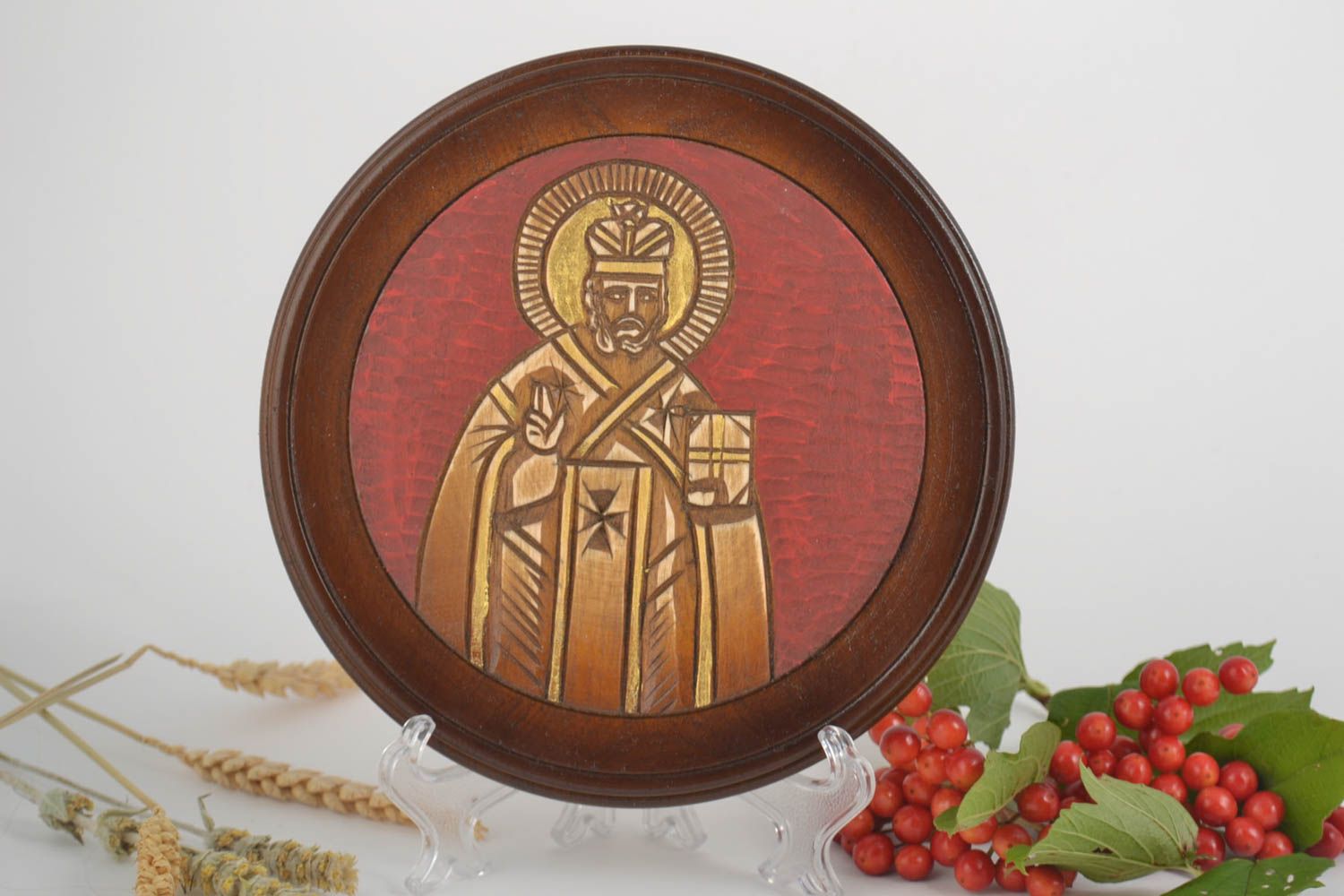 Plato de madera hecho a mano decoración de casa original icono religioso  foto 1