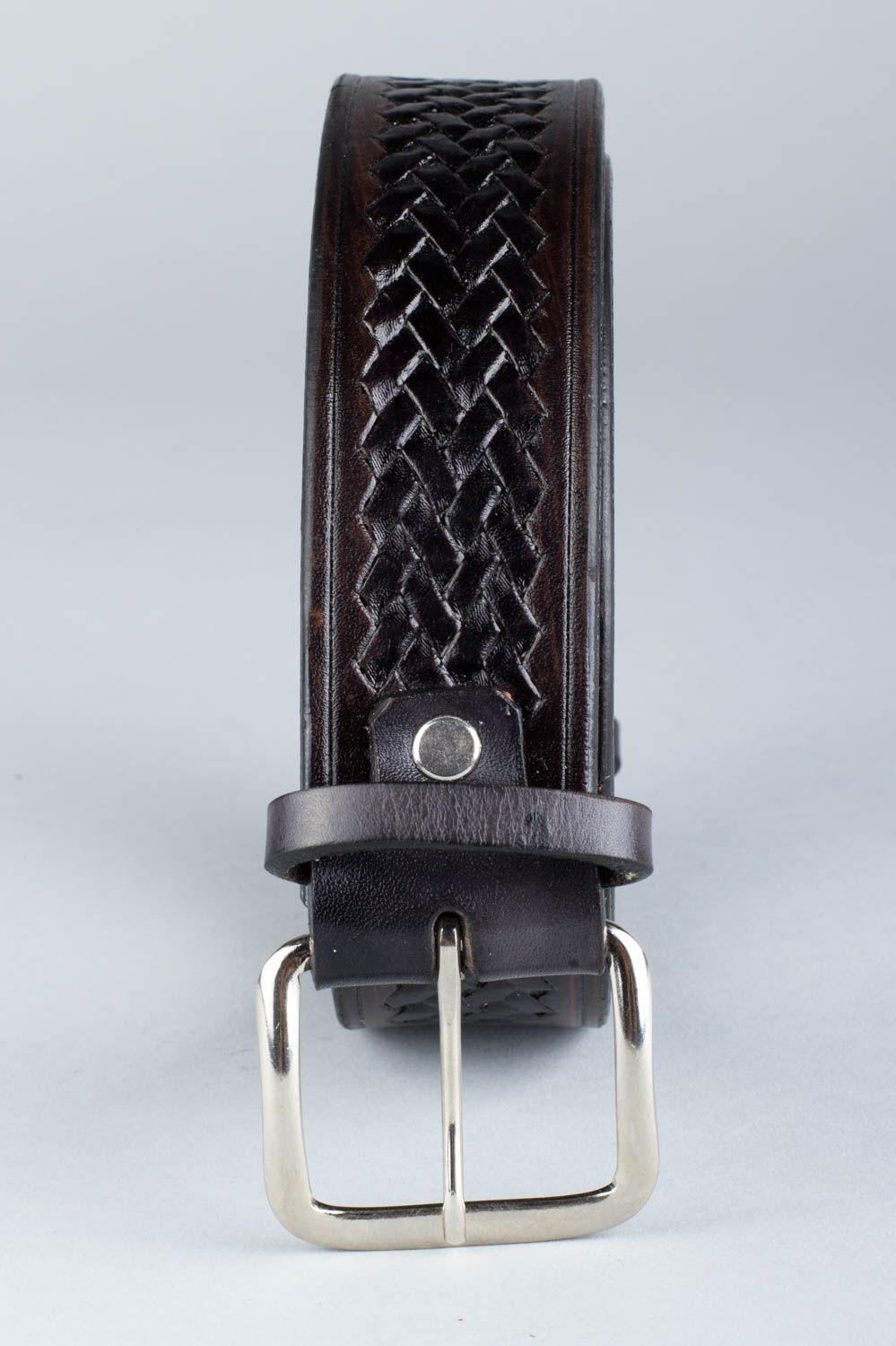 Handmade dark genuine leather men's belt with steel buckle and embossing photo 2