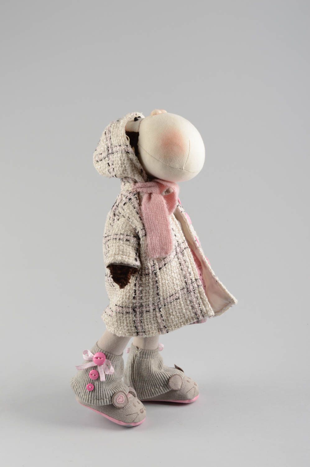 Handmade designer soft toy sewn of linen fabric stylish monkey in coat photo 3