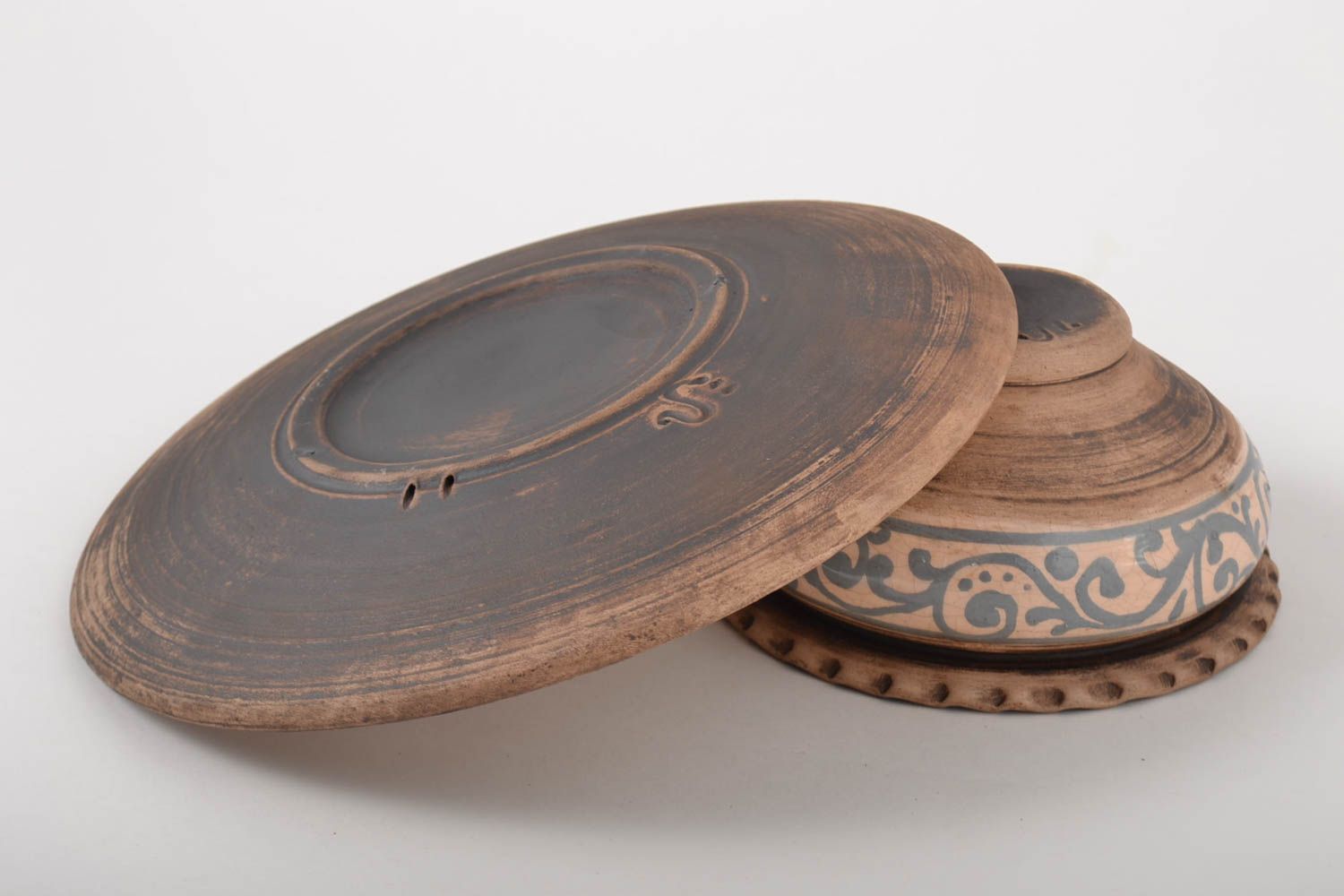 Керамическая тарелка ручной работы и миска глиняная посуда расписная тарелка фото 3