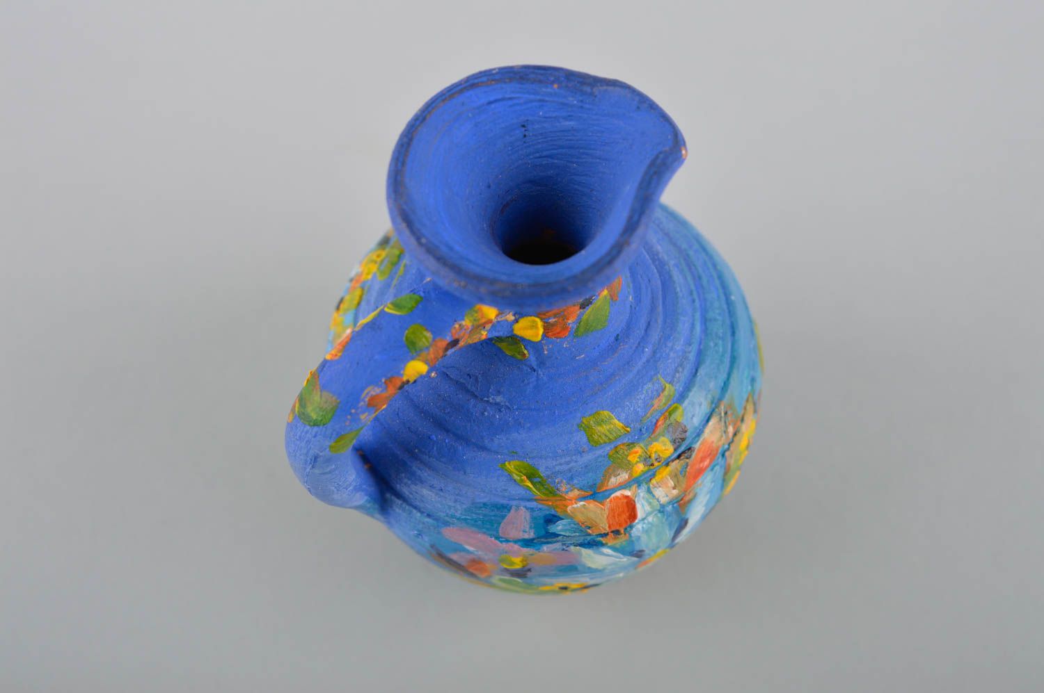 Cruche à l'eau Vaisselle miniature fait main bleue à fleurs Figurine céramique photo 4