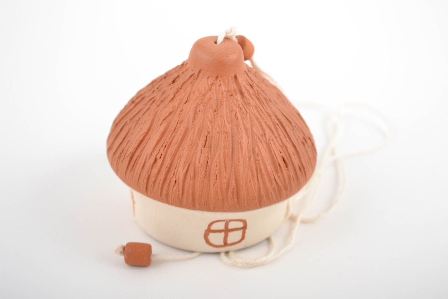 Handmade bell small house on cord made of clay painted interior pendant  photo 5