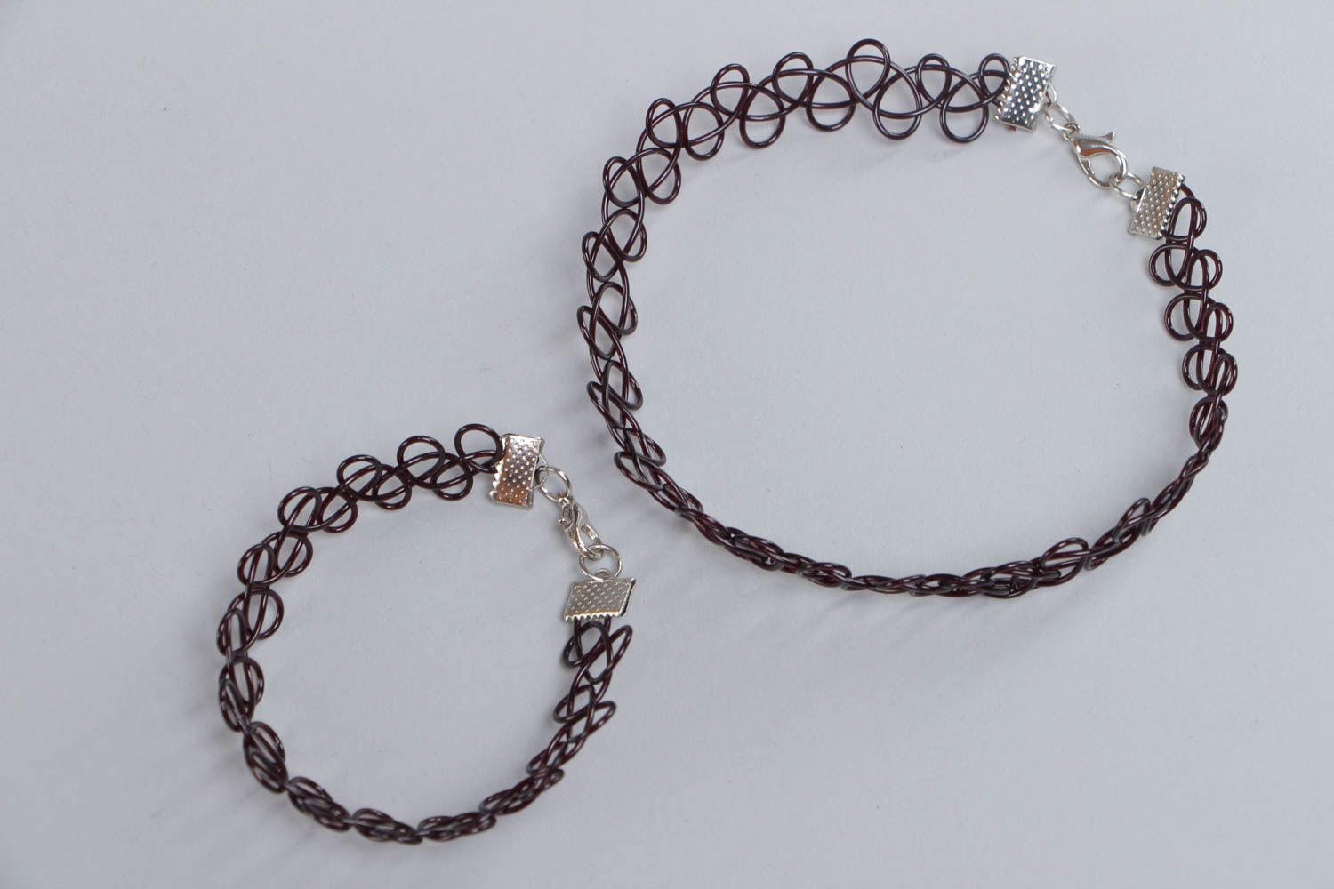 Unusual handmade woven jewelry set 2 pieces black tattoo choker necklace and bracelet photo 3