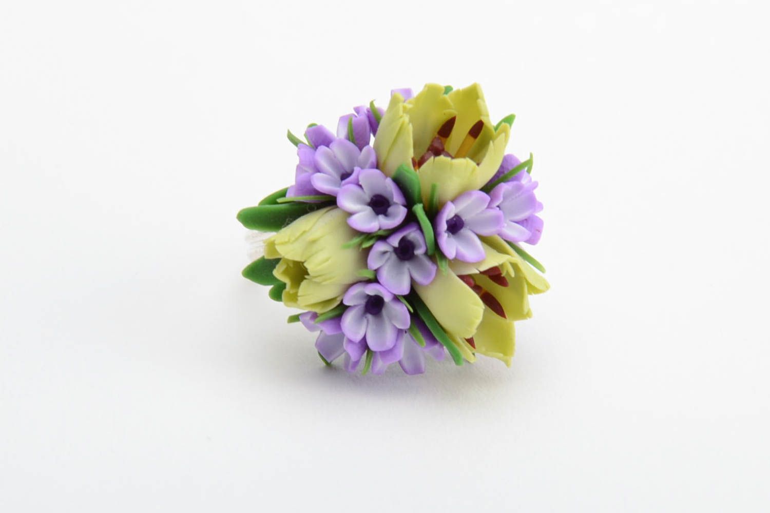 Handmade volume tender violet polymer clay floral ring with metal basis  photo 5