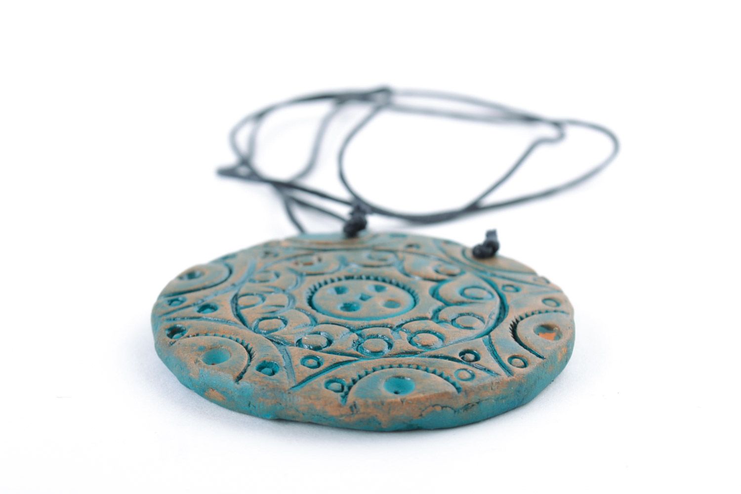 Handmade large painted ceramic pendant of round shape with ethnic ornaments  photo 4