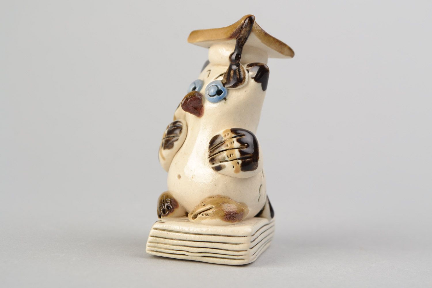 Handmade small cute ceramic figurine of owl in graduate cap painted with glaze photo 4