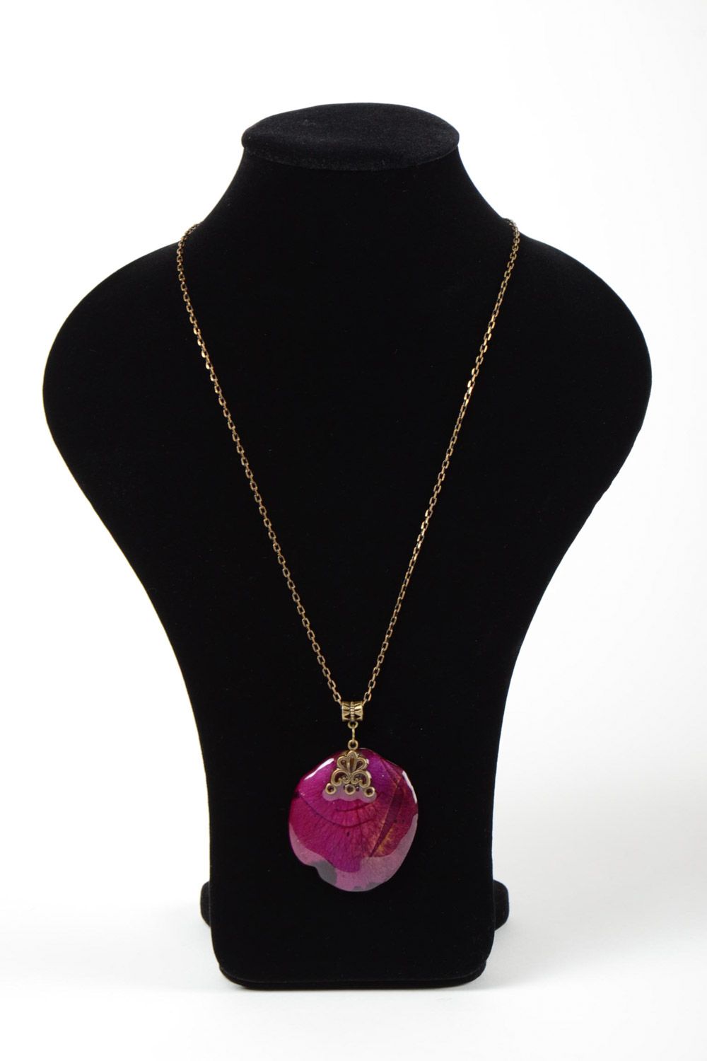 Violet handmade neck pendant with flower petal coated with epoxy photo 2