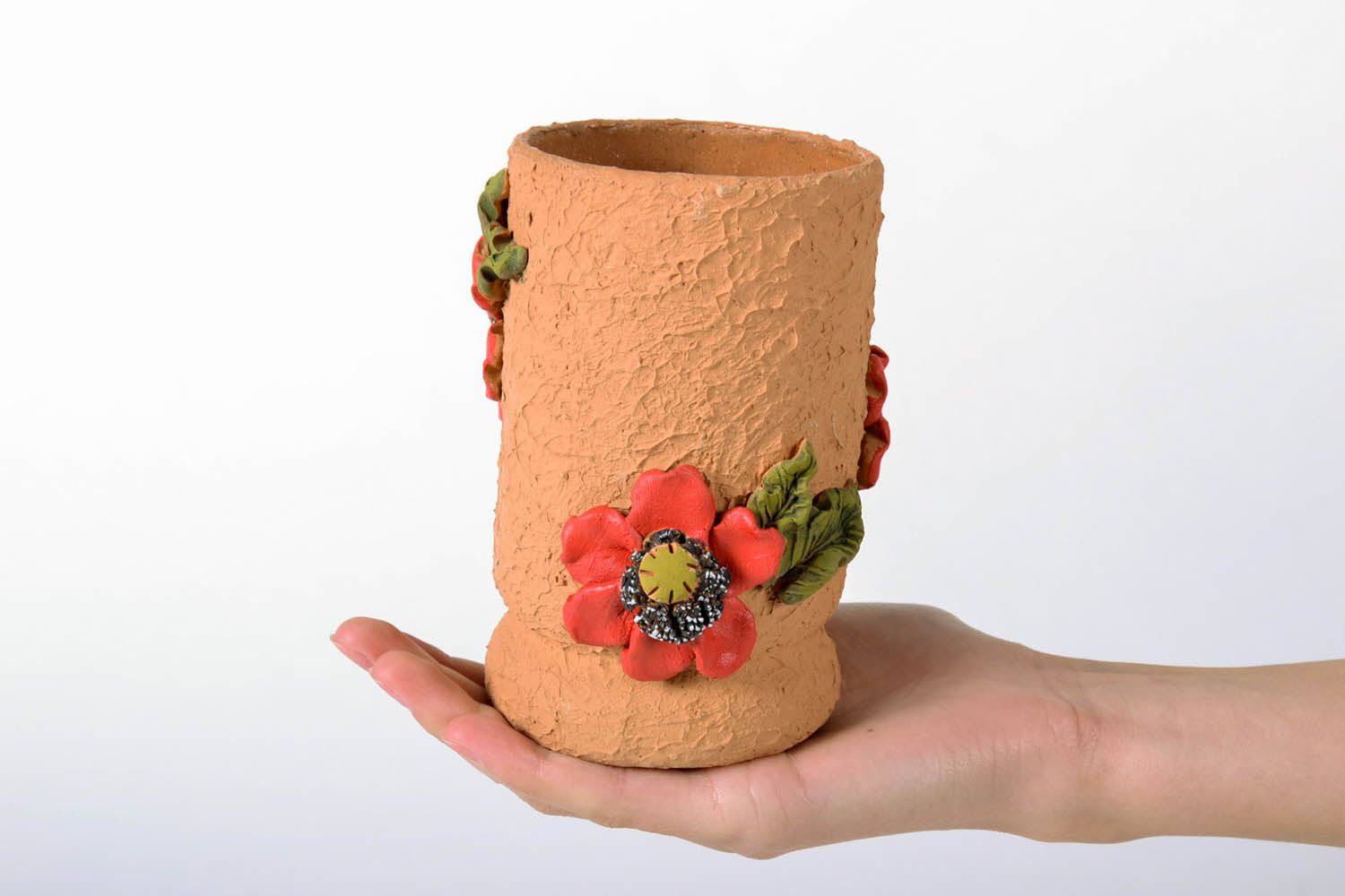 5 inches molded by hands clay vase with puppy flowers 0,7 lb photo 5