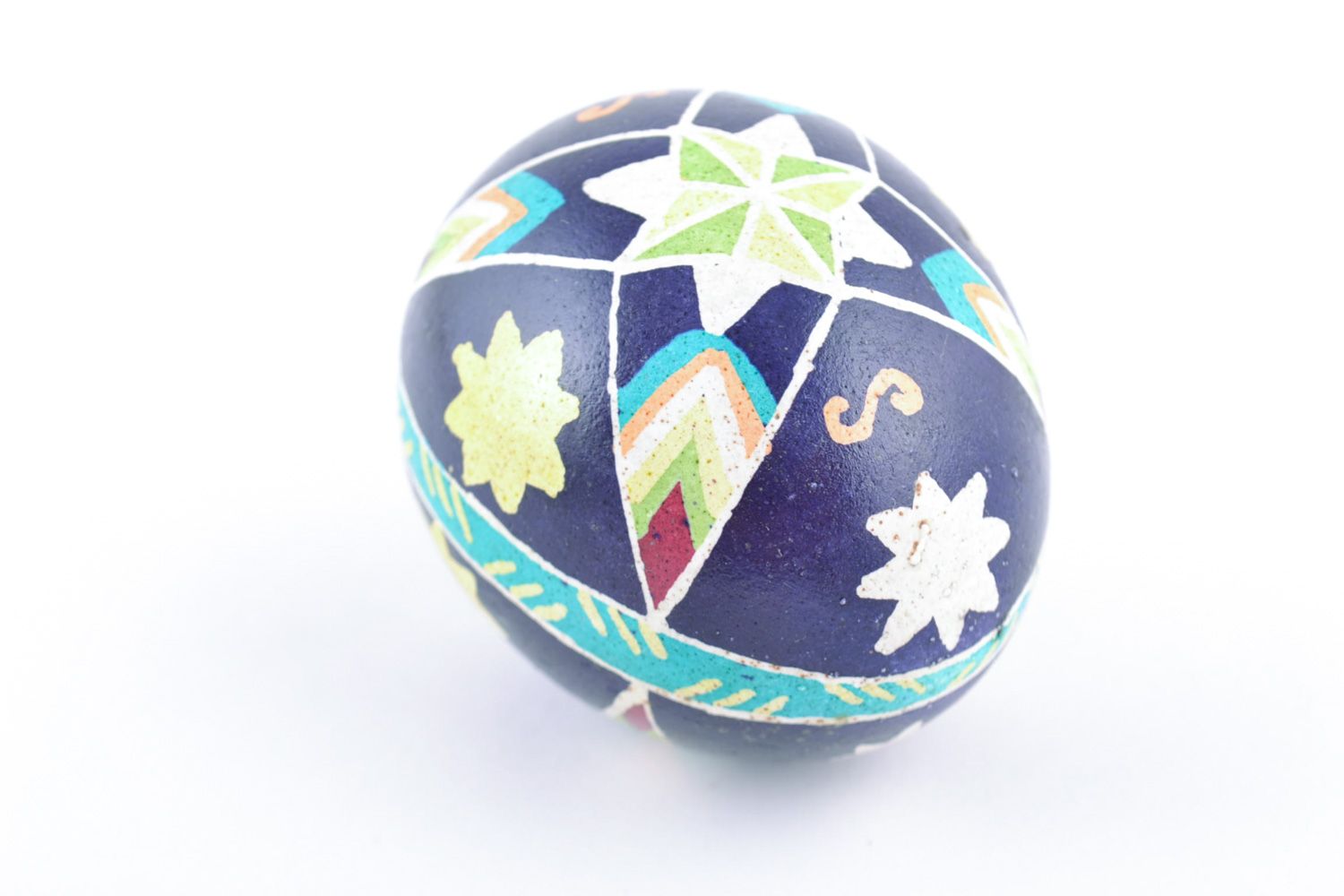Beautiful handmade painted chicken Easter egg blue with patterns photo 3